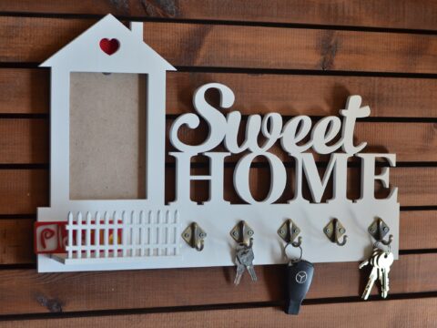 Laser Cut Sweet Home Key Hanger with Fence Free Vector