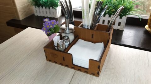 Laser Cut Wooden Cutlery And Napkin Holder With Salt And Pepper Shakers 6mm Free Vector
