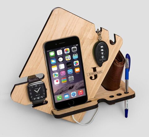 Laser Cut Wood Phone Docking Station With Key Holder Wallet Stand Watch Organizer Men Gift Free Vector