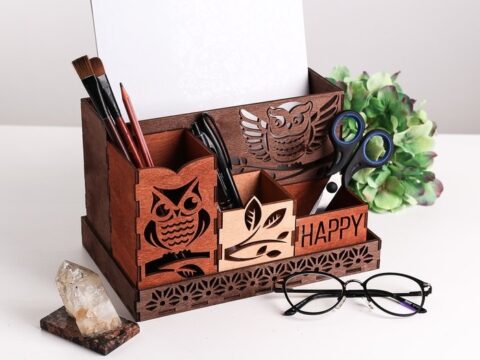 Laser Cut Owls Desktop Organizer Free Vector