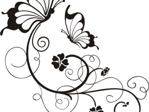 Swirly Butterfly And Flower in Black And White dxf File