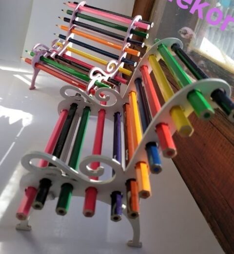 Laser Cut Park Bench Shaped Pencil Holder Free Vector