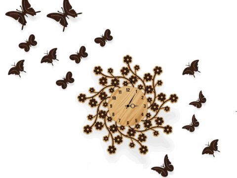 Laser Cut Wall Clock with Butterflies Free Vector