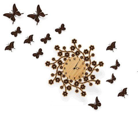 Laser Cut Wall Clock with Butterflies Free Vector