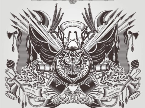 Heraldic Battle Coat Of Arm With Old Weapon Free Vector