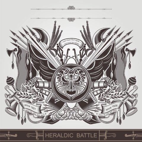 Heraldic Battle Coat Of Arm With Old Weapon Free Vector