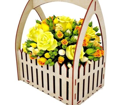 Laser Cut Wooden Flower Box Basket With Fence 4mm Free Vector