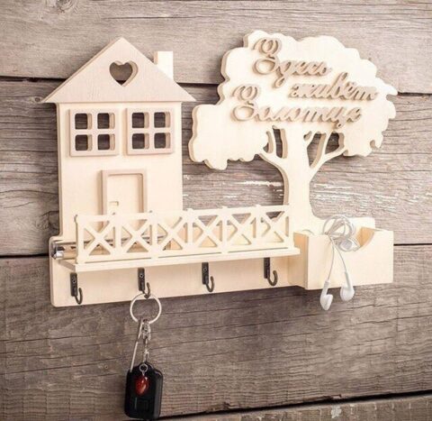 Laser Cut Wooden House Shape Key Hanger Shelf Wall Mounted Template Free Vector